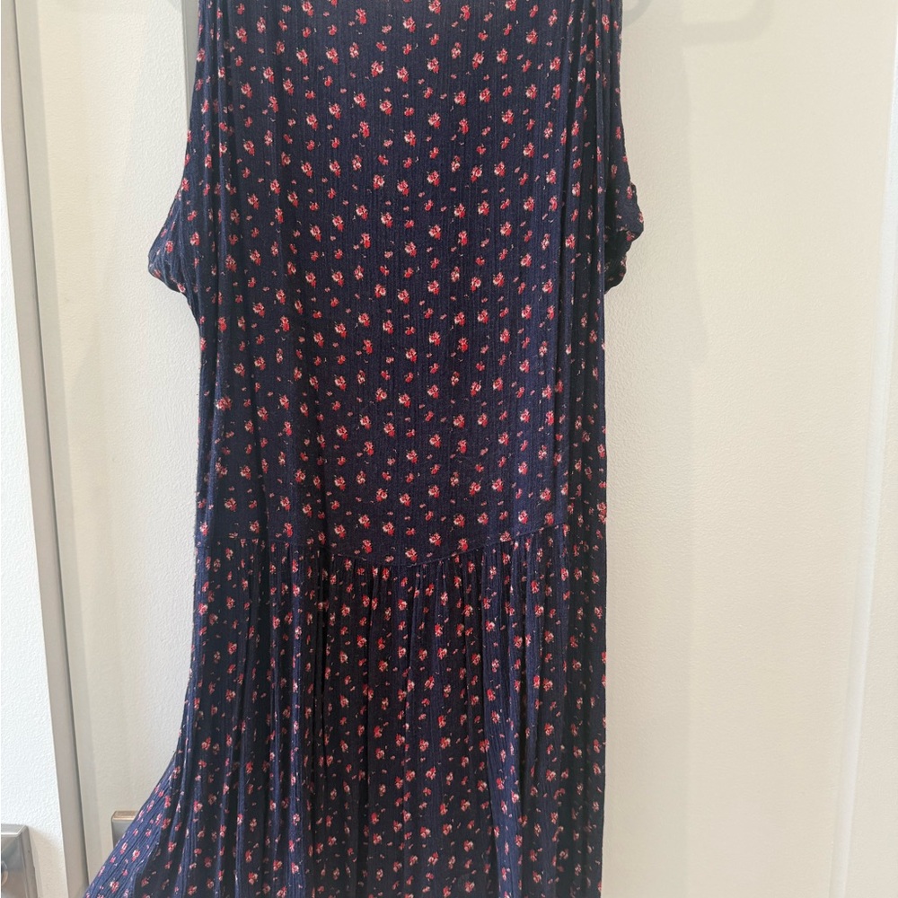 Y2K Navy Blue Cold Shoulder Floral Dress (Cottagecore) - Picture 2 of 4